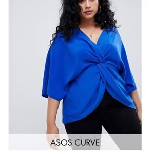 NWOT ASOS CURVE knot front blouse in electric blue sz 14